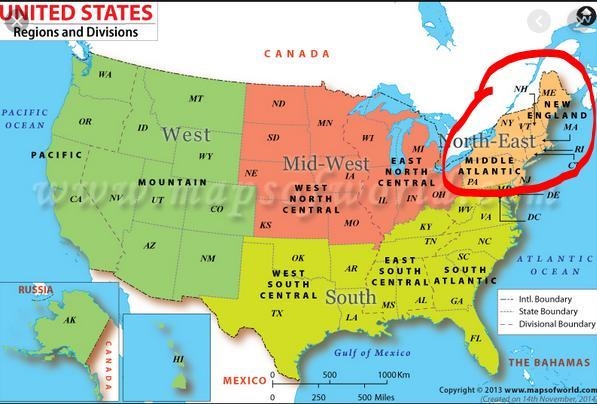 Which two regions are located next to each other? O A) Mid-Atlantic and New England-example-1