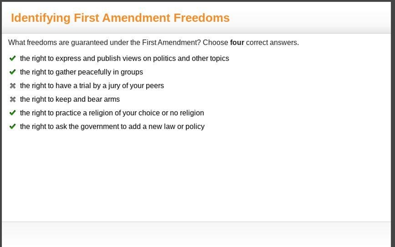 Which freedoms are guaranteed by the First Amendment? Select the three correct answers-example-1