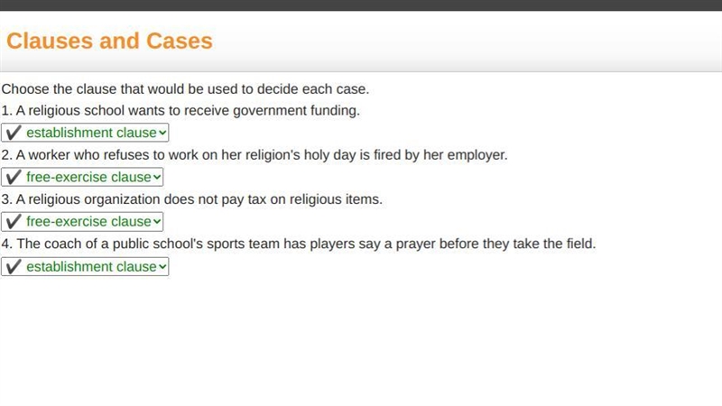 Choose the clause that would be used to decide each case 1. A religious school wants-example-1