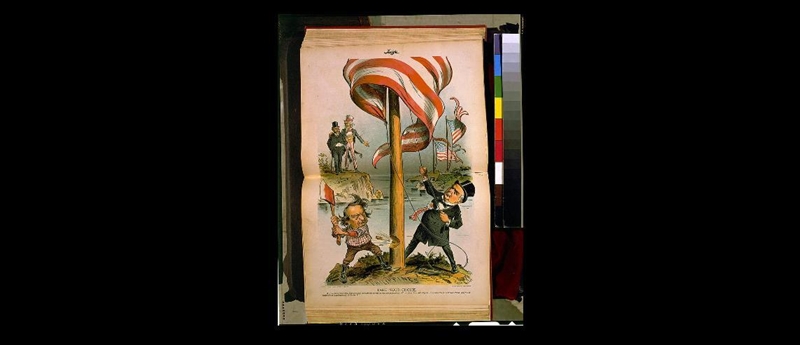 Use the political cartoon of William Jennings Bryan cutting down the American flag-example-1