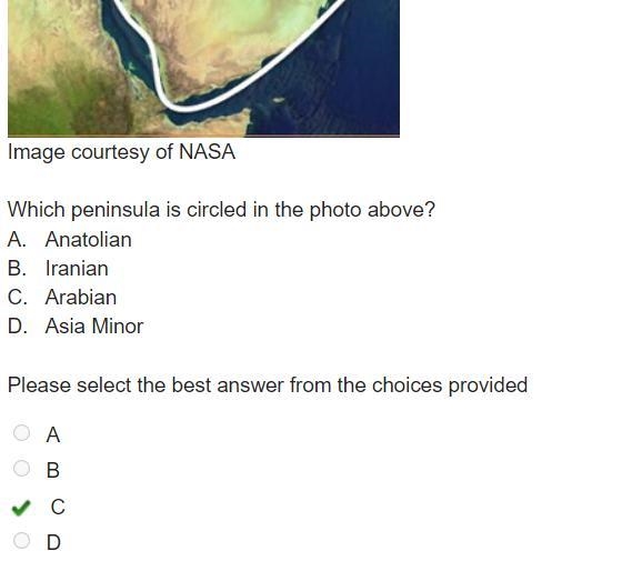 Which peninsula is circled in the photo above? A. Anatolian B. Iranian C. Arabian-example-1