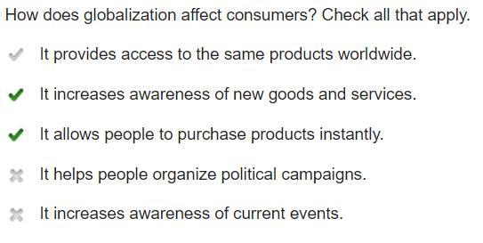 How does globalization affect consumers? Check all that apply. It provides access-example-1