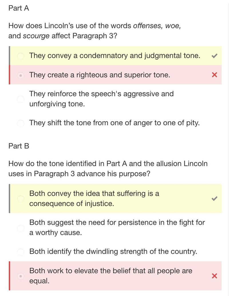 Part a how does Lincoln use of the words offenses, woe, and scourge affect paragraph-example-1