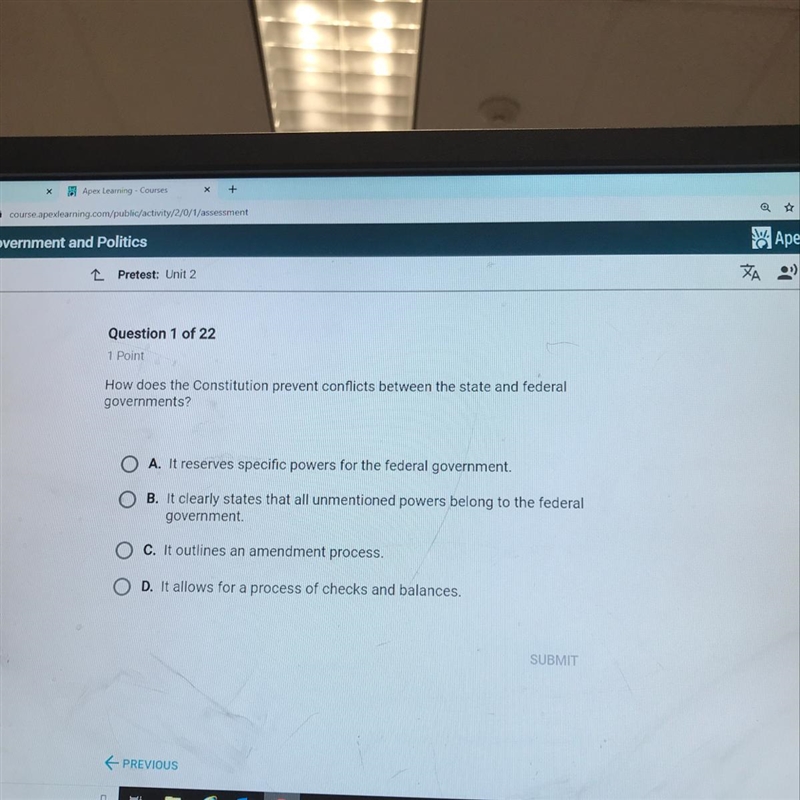 How does the Constitution prevent conflicts between the state and federal governments-example-1