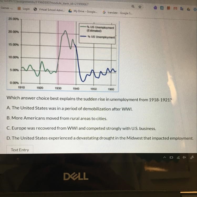 Which answer choice best explains the sudden rise in unemployment from 1918-1921? A-example-1