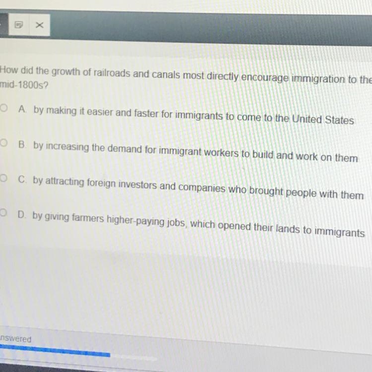 How did the growth of railroads and canals most directly encourage immigration to-example-1