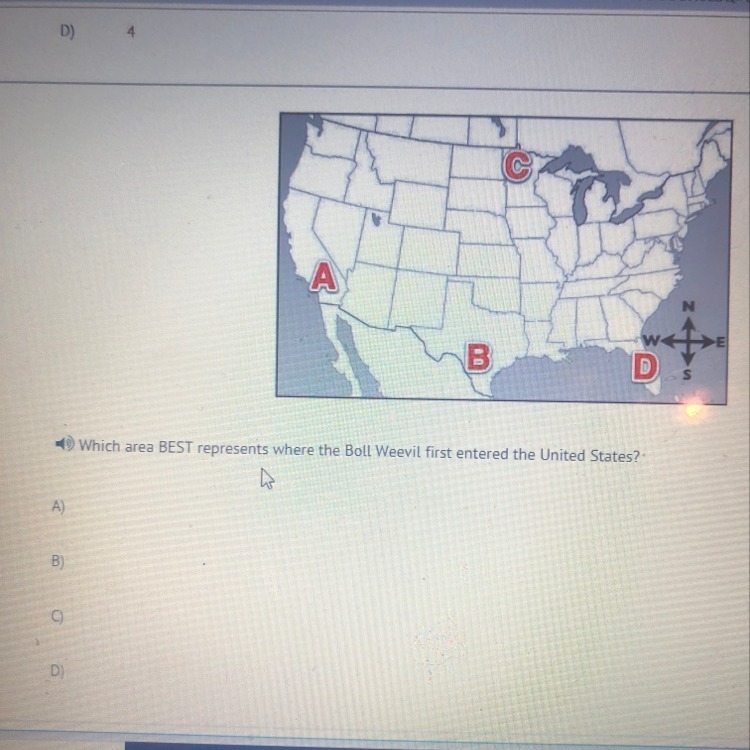 Which area Best represents where Boll Weevil first entered the United States . A) B-example-1