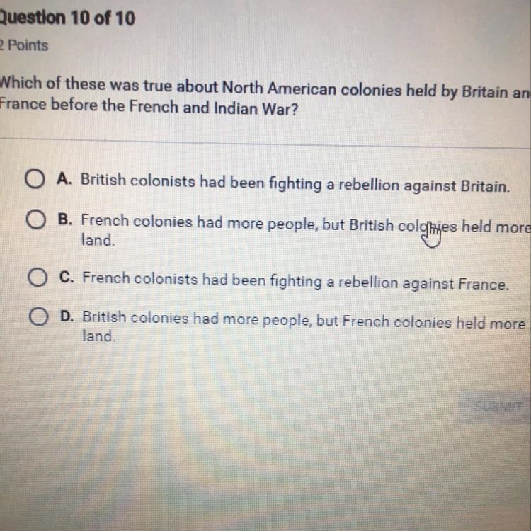 Which of these was true about North America colonies held by Britain and France and-example-1