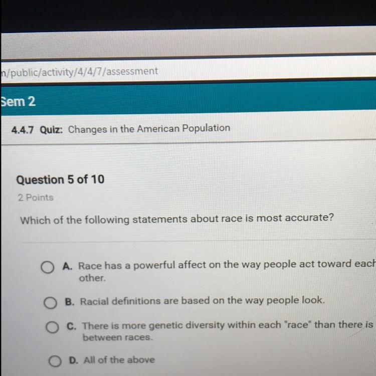 Which of the following statements about race is most accurate-example-1