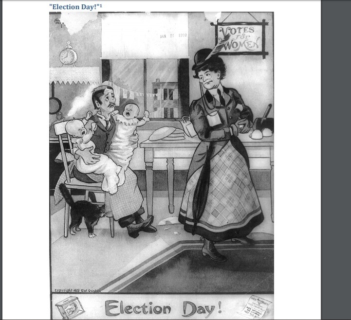 Is the cartoon “Election Day” in support of or in opposition to women’s suffrage? How-example-1