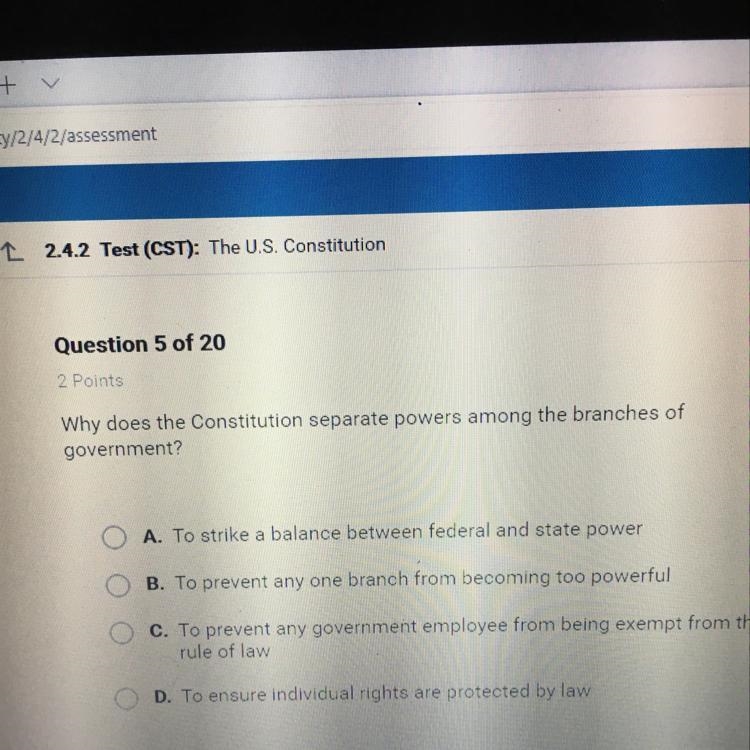 Why does the constitution separate powers among the branches of government-example-1