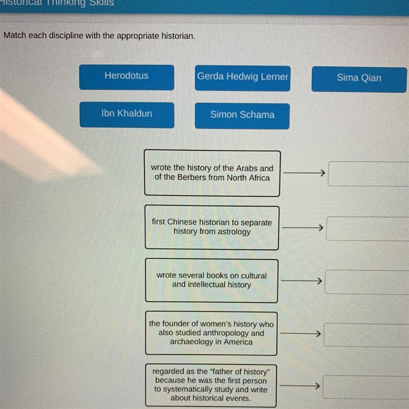 Match each discipline with the appropriate historian-example-1