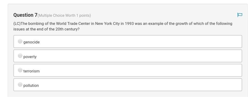 help!! (LC)The bombing of the World Trade Center in New York City in 1993 was an example-example-1