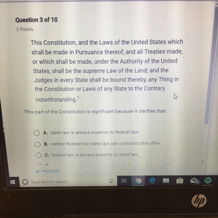 This part of the constitution is significant because it clarified that: A. State law-example-1