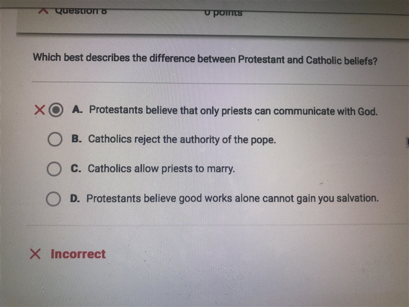 Which best describes the difference between Protestant and catholic beliefs?-example-1