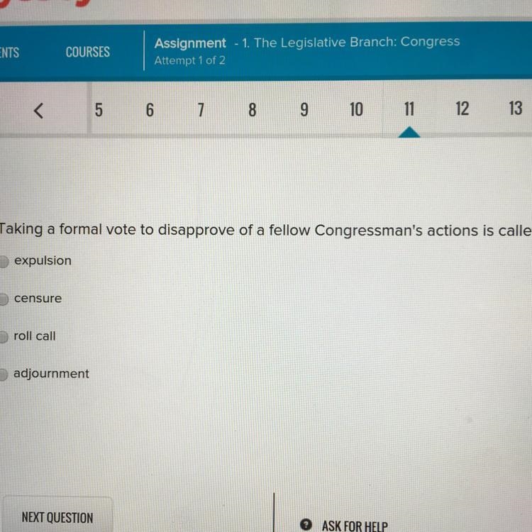 Taking in a formal vote to disapprove of s fellow congressmen actions is called/-example-1