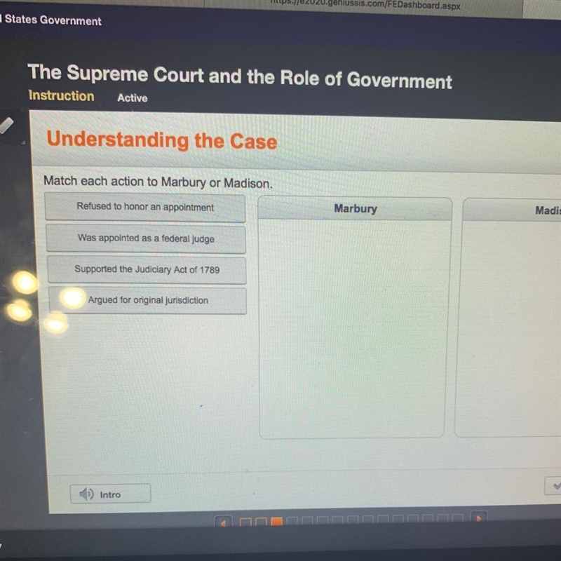 Match each action to Marbury or madison: Refused to honor an appointment. Was appointed-example-1