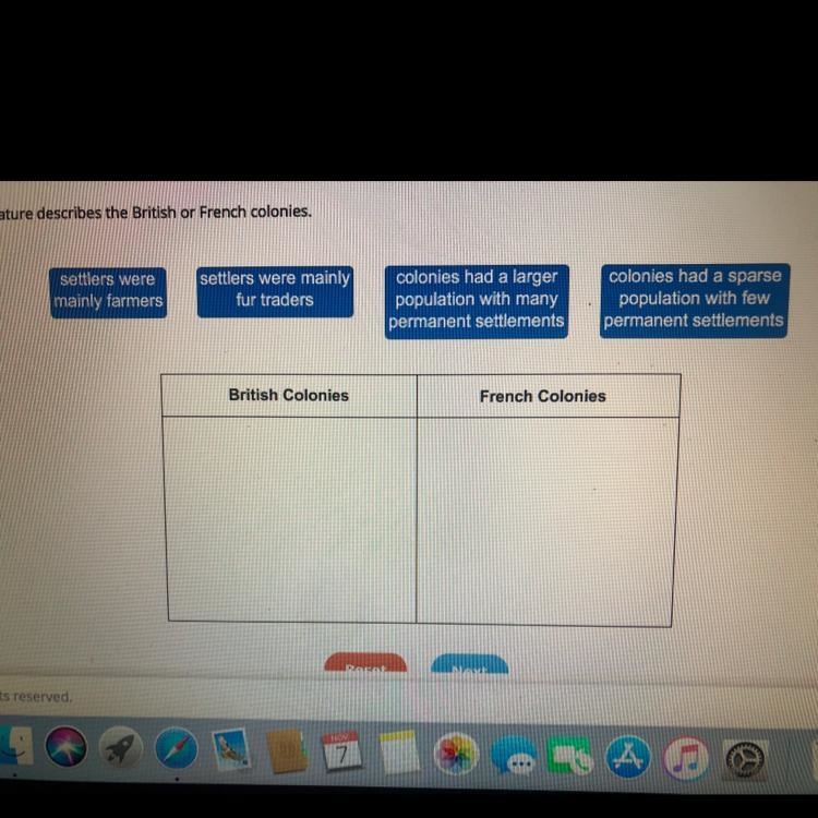 Identify wether each feature describes the British or French colonies-example-1