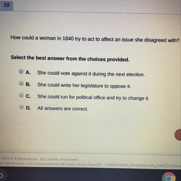 How could a woman in 1840 try to act to affect an issue she disagreed with?-example-1