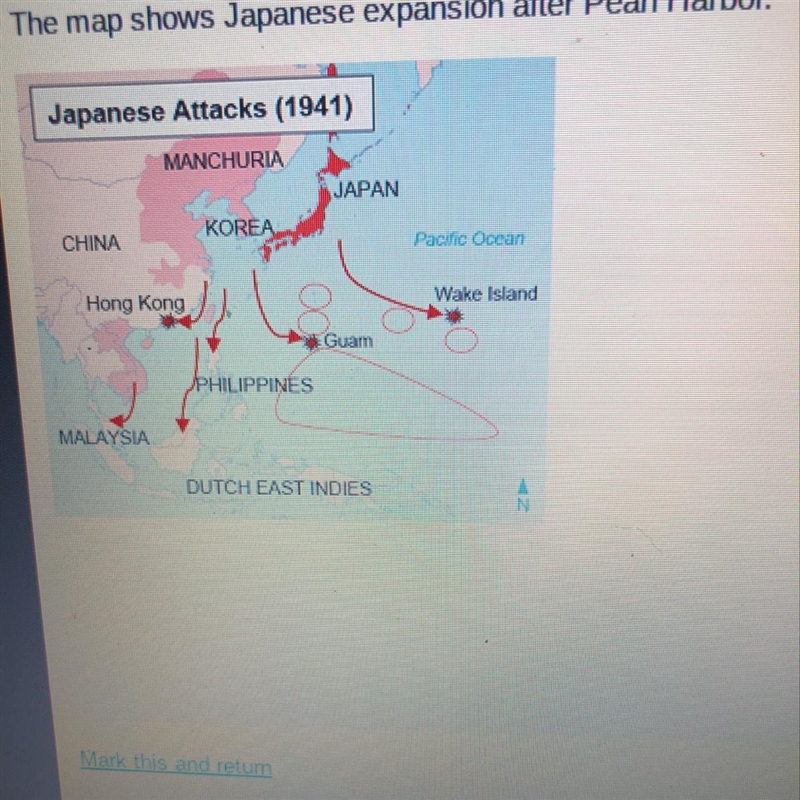 Based on the map, which US- controller areas did Japan attack after Pearl Harbor? Check-example-1