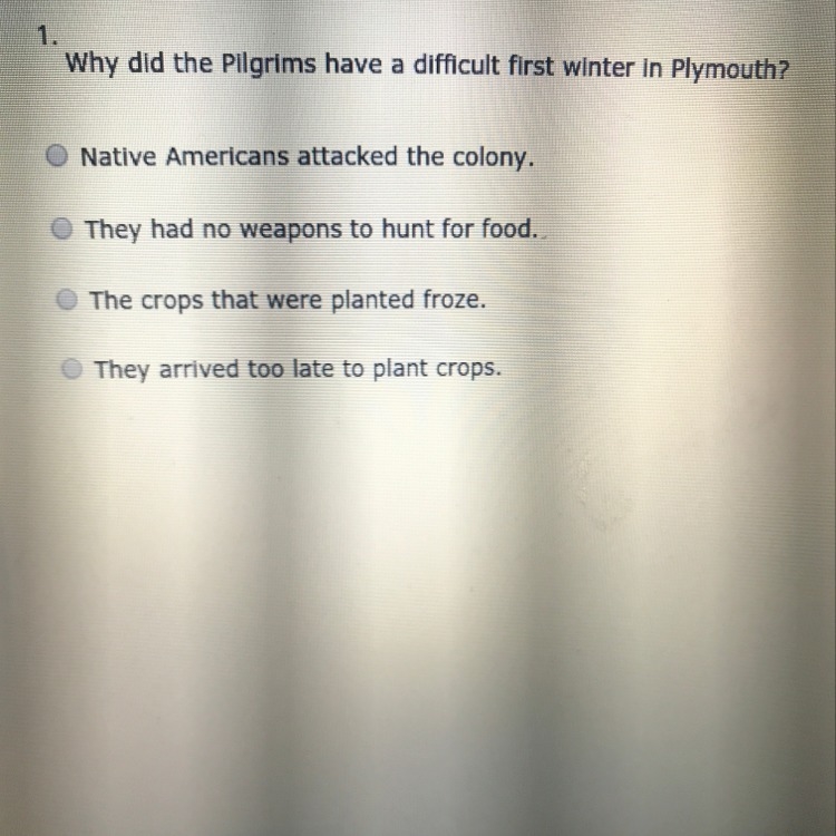 Why did the pilgrims have a difficult first winter in Plymouth?-example-1