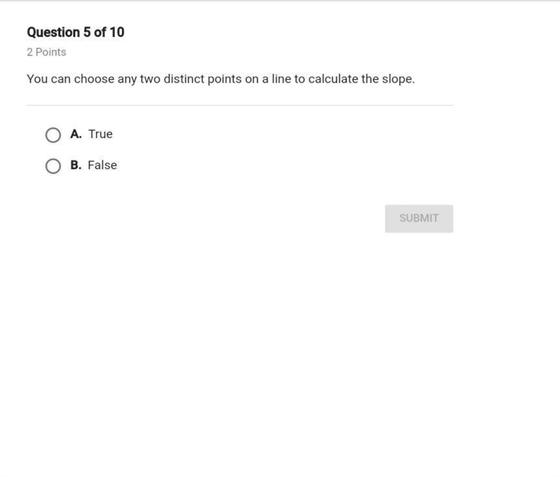 You can choose any two district points on a line to calculate the slope (True or False-example-1