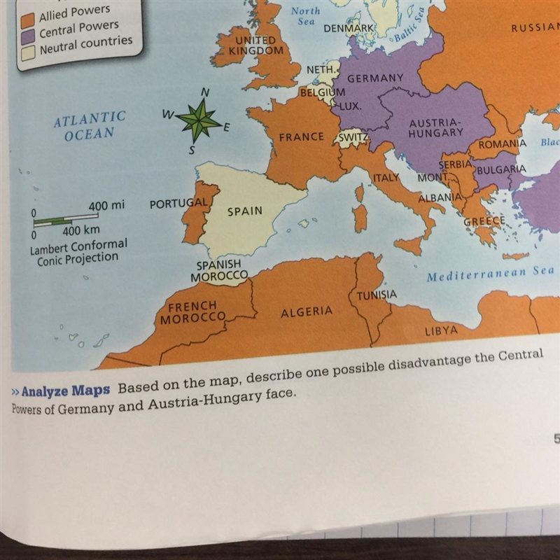 Based on the map, describe one possible disadvantage the Central Powers of Germany-example-1