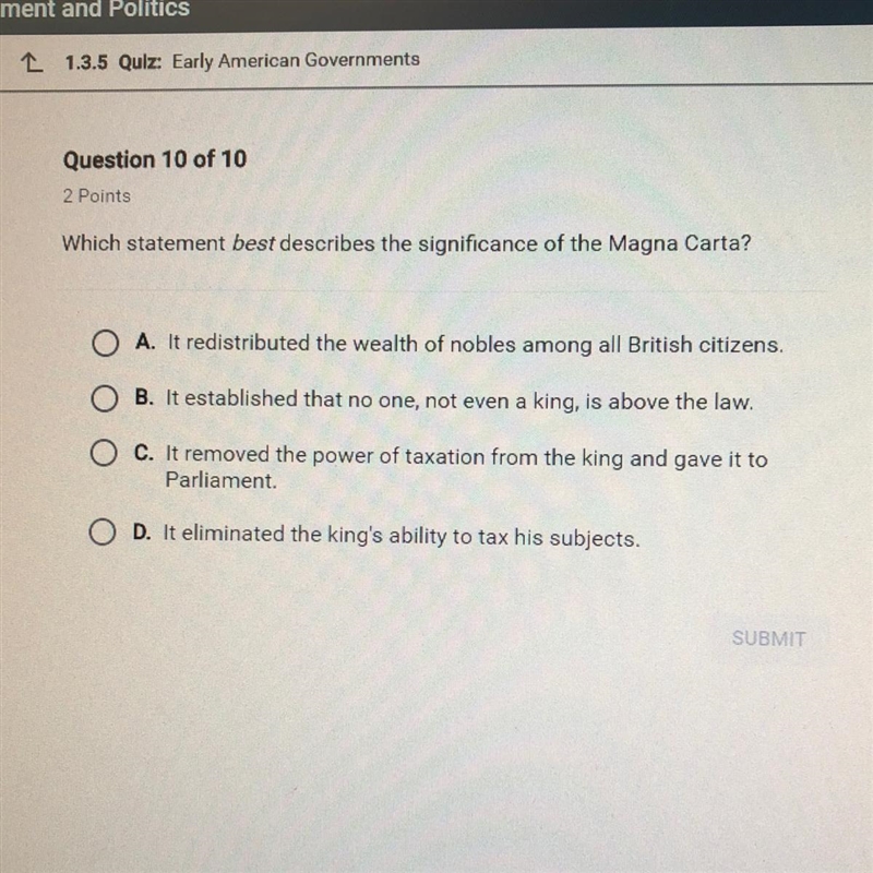 Which statement best describes the significance of the magna carta? Pleasee-example-1