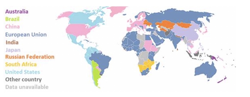 The map shows the largest source of food and other imports for countries around the-example-1