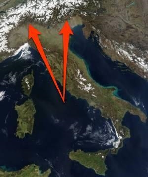 The arrows on this map are pointing to the the mountain range known as the Alps. Which-example-1