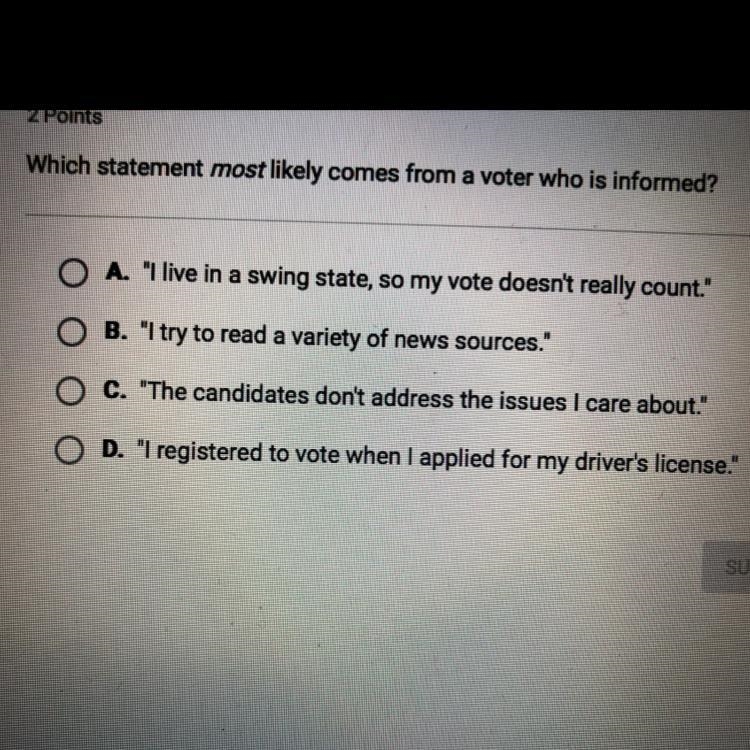 Which statement most likely comes from a voter who is informed-example-1