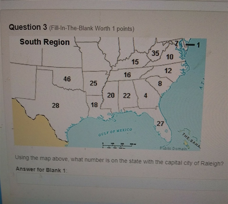 Using the map above, what number is on the state with the capital city of raleigh-example-1