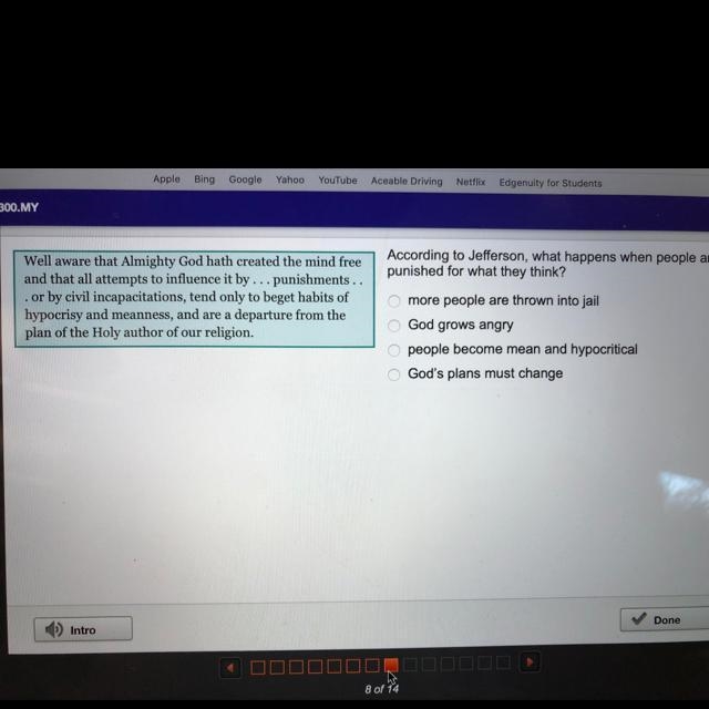 According to Jefferson, what happens when people are punished for what they think-example-1