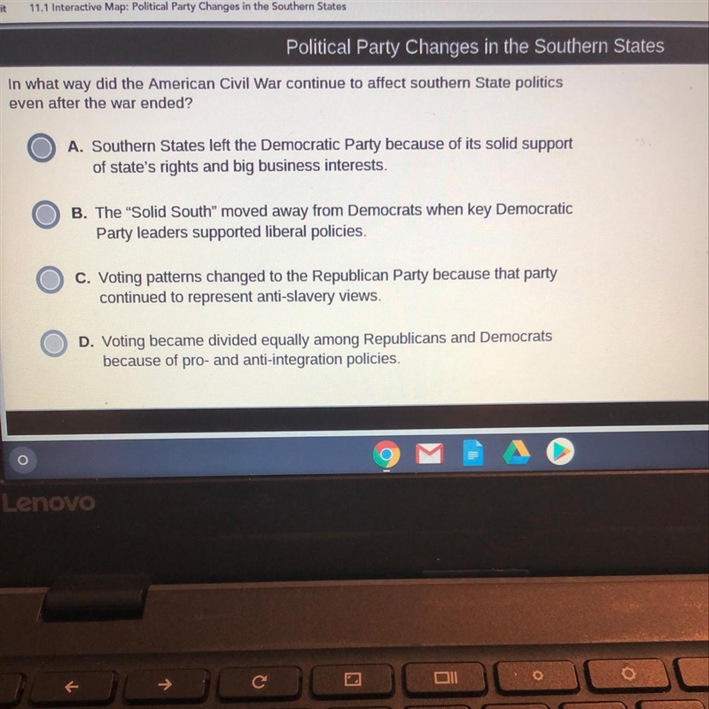 In what way did the American Civil War continue to affect southern State politics-example-1