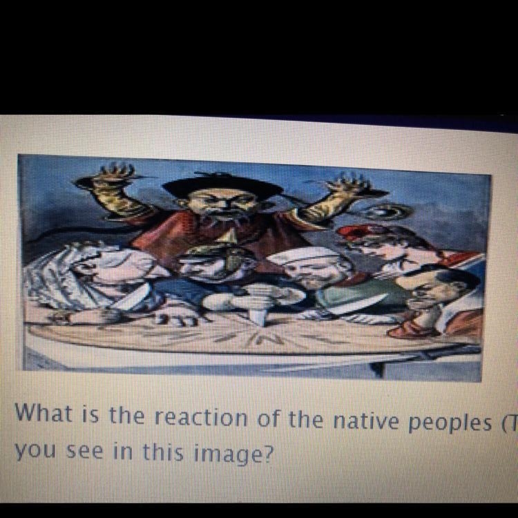 PLEASE HELP! What is the reaction of the native peoples (The man standing in the back-example-1