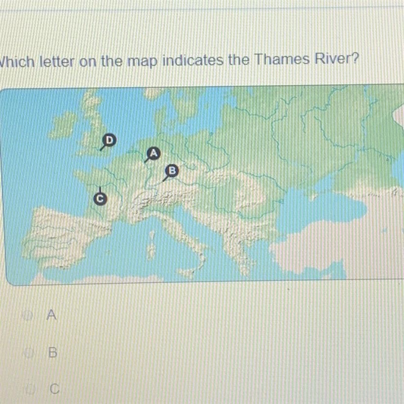 URGENT Which letter on the map indicates the Thames River?-example-1