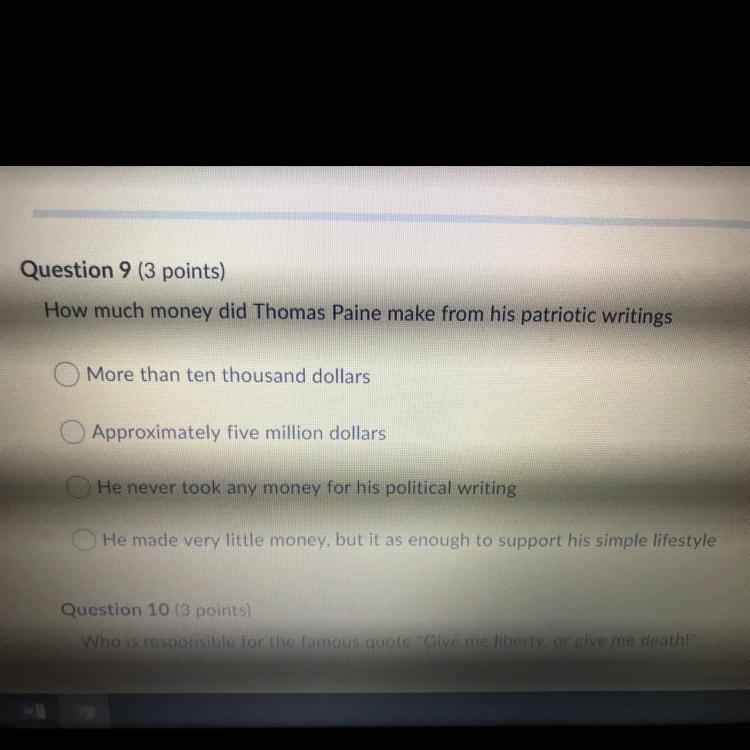 How much money did Thomas Paine make from his patriotic writings? (Sorry for bad quality-example-1