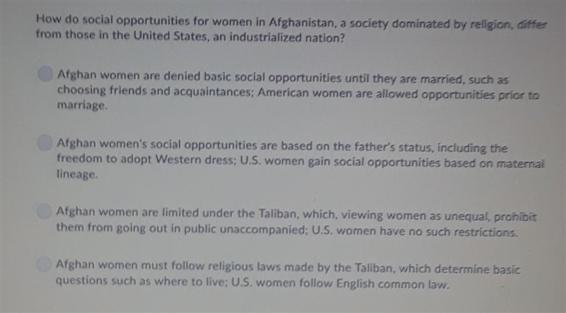 How do social opportunities for women in Afghanistan, a society dominated by religion-example-1