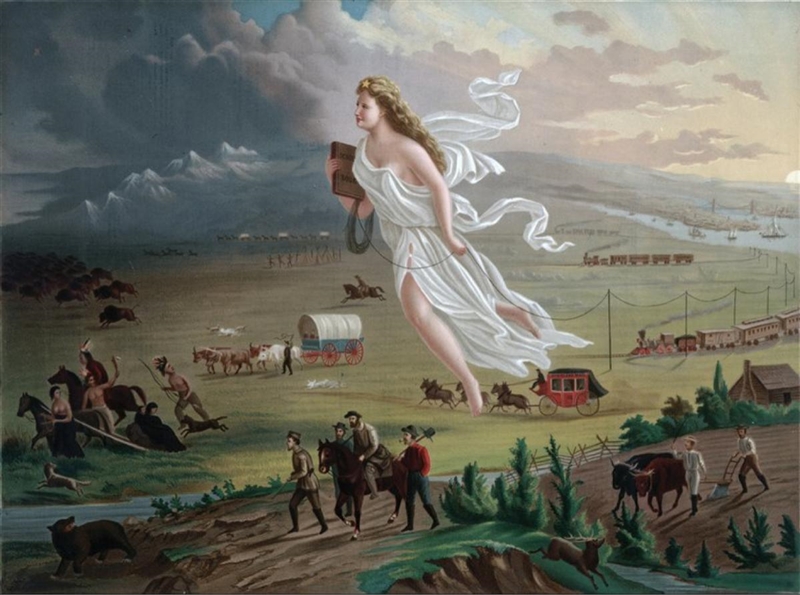 Write an essay about what is manifest destiny and describe the things in the picture-example-1