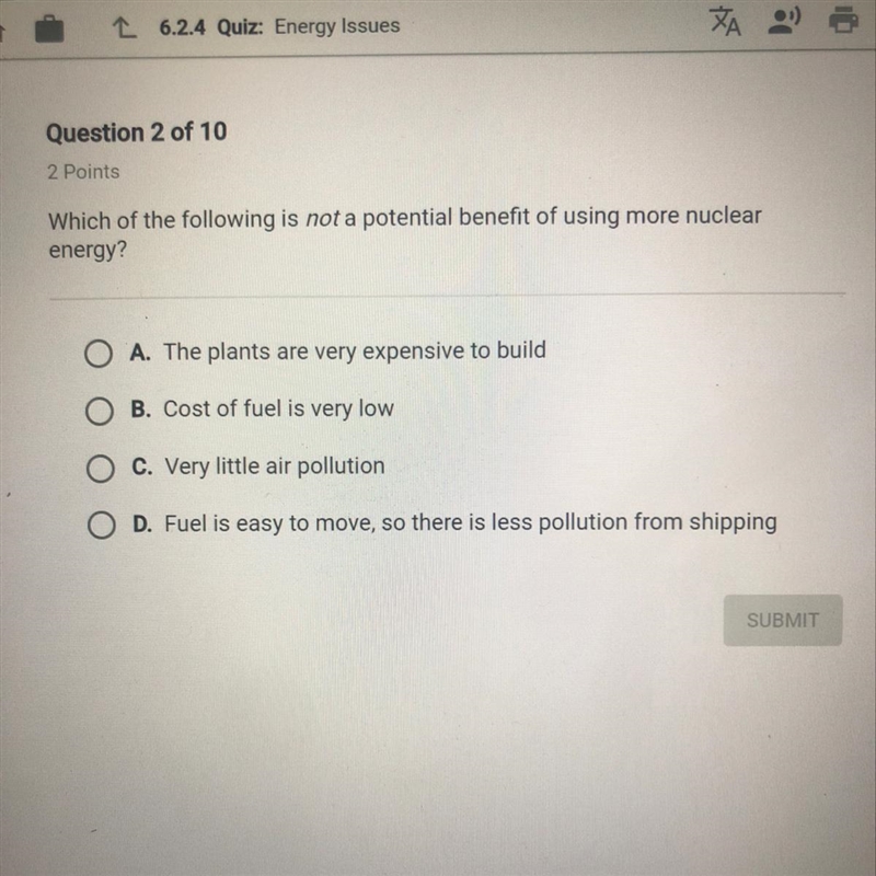 Which of the following is not a potential benefit of using more nuclear energy?-example-1