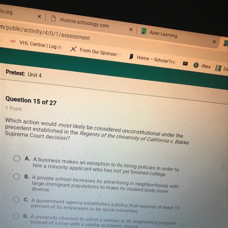 Which action would most likely be considered unconstitutional under the precedent-example-1