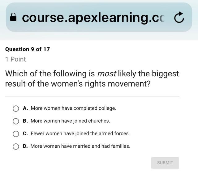 Which of the following is most likely the biggest result of the women’s rights movement-example-1