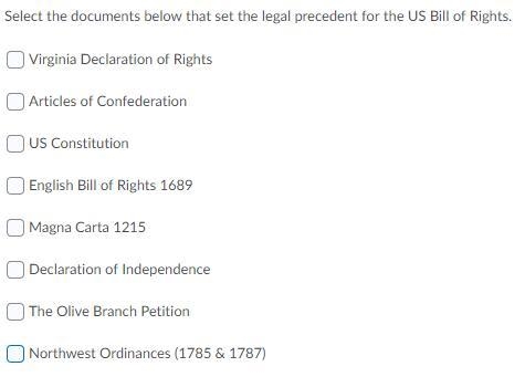 Select the documents below that set the legal precedent for the US Bill of Rights-example-1