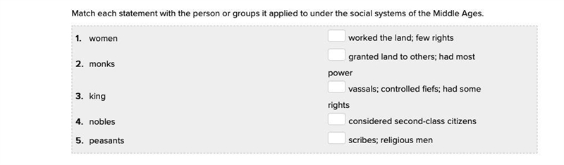 Match each statement with the person or groups it applied to under the social systems-example-1