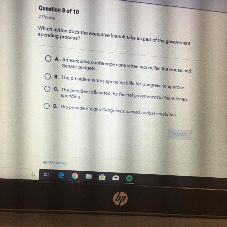 Which action does the executive branch take as part of the government spending process-example-1