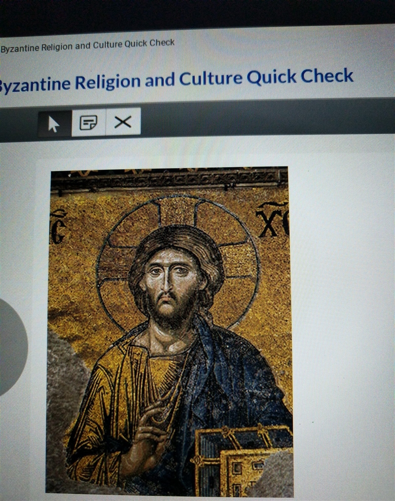 How does this image show a unique quality of Byzantine culture? a.) the mosaic portrays-example-1