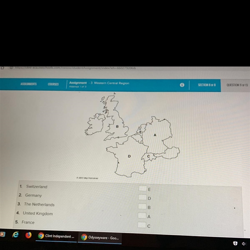 Match the country to the letter that represents it on the map-example-1