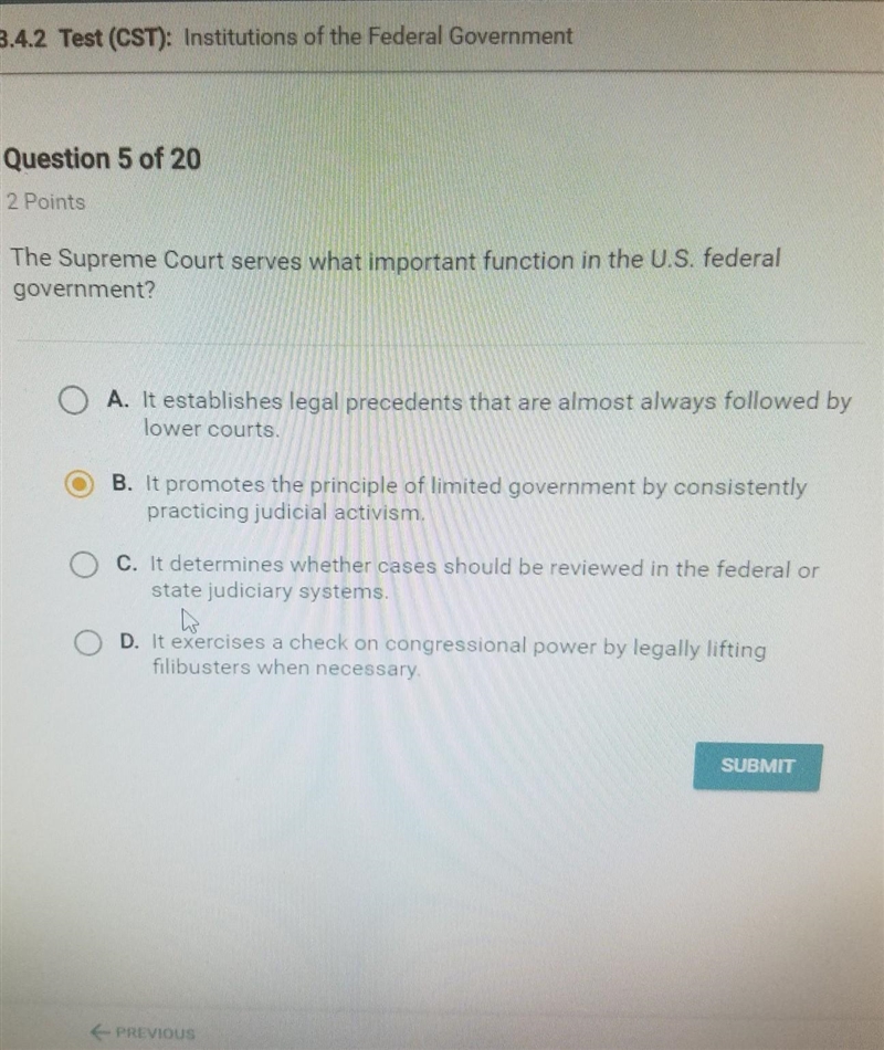 The Supreme Court serves what important function in the US federal government?​-example-1