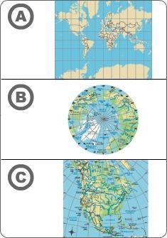 Which letter represents the map projection often used to show polar regions? A B C-example-1