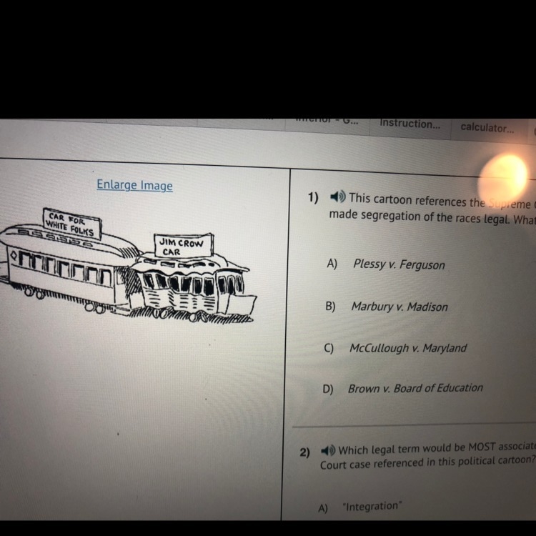 This cartoon references the Supreme Court case from 1896 which made segregation of-example-1